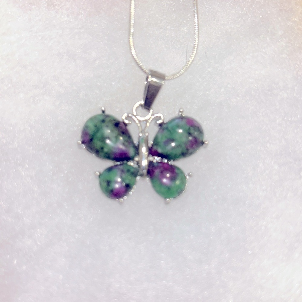 Boho hippie Ruby in Zoisite Butterfly Sterling Silver 16” Necklace